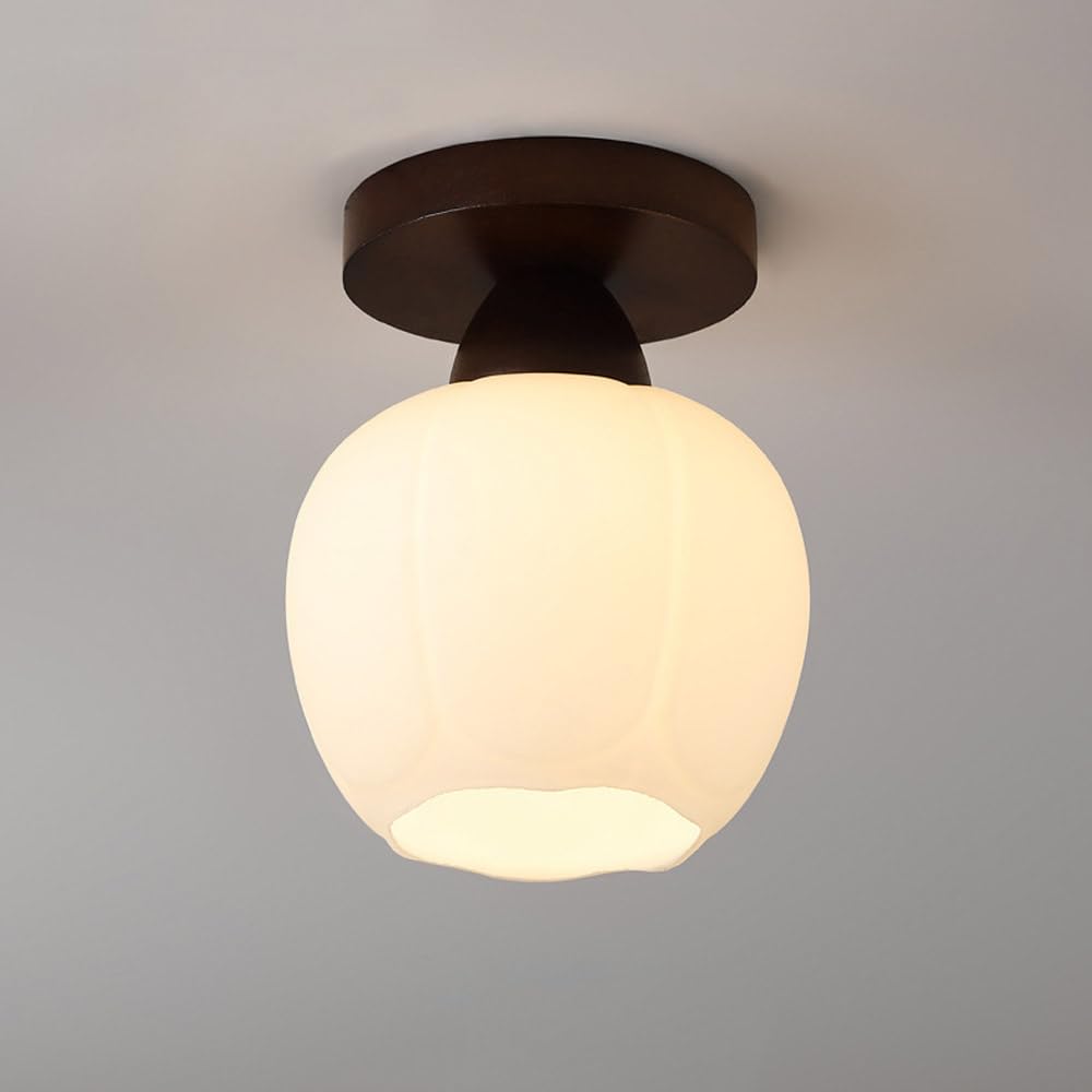 Półwpuszczana drewniana lampa sufitowa ze szklanym kloszem - Minimalistyczna lampa wewnętrzna do przedpokoju, kuchni, sypialni i biura (kolor orzech)
