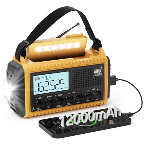 Emergency Radio with Weather Alert, 12000mAh/44400mWh Portable Hand Crank and Solar Powered AM/FM...
