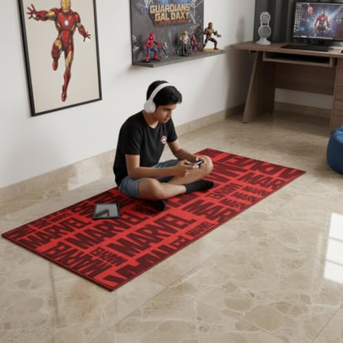Image of Athom Living Red Marvel Runner Carpet 2x4.5 Ft, Soft Printed Mat with Anti-Skid Backing, Durable Washable Runner for Kids Bedroom, Play Area & Playroom Decor