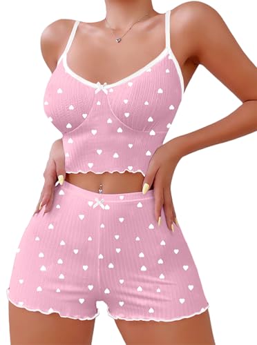 Image of Hilinker Womens Graphic Print Ribbed PJ Set Crop Cami Tops and Shorts Cute Pajamas Set