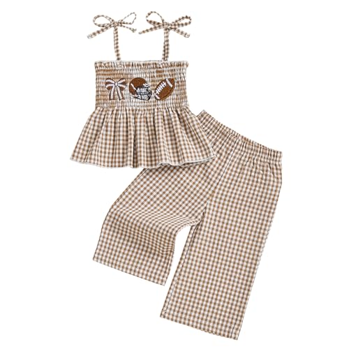 Image of VISGOGO Toddler Baby Football Girl Outfit Bow Smocked Spaghetti Strap Plaid Tops Pants Embroidery Football Baby Girl Clothes