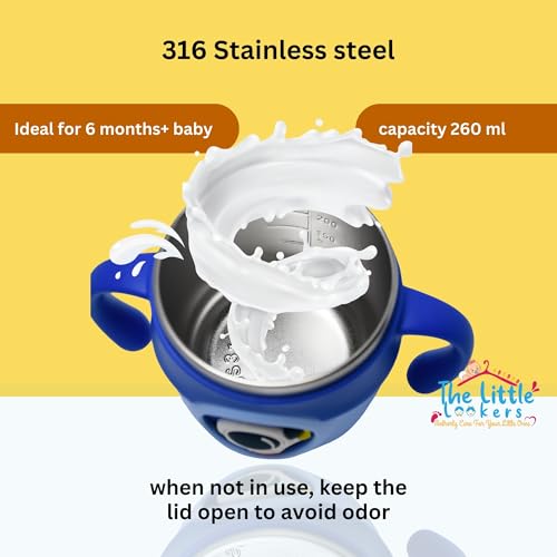 Image of THE LITTLE LOOKERS Stainless Steel Sipper Bottle 260ml | 316 Grade SS | BPA Free | Suitable for Hot & Cold |Travelling Bottle for Kids & Toddler|Training Sippy Cup with Straw /Spout Royal Blue
