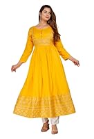 KININA Women's Rayon Gown Anarkali Ethnic Gown Traditional Jaipuri Kurti/Kurta Girls Ethnic Frock Pattern Dress (5XL, Turmeric Yellow)