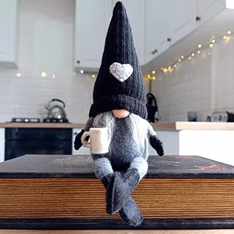 Sitting Drinking Coffee Gnomes Table Gnomes Decorations Handmade Swedish Tomte Figurine Plush Elf Knomes Coffee Bar Gnome Holiday Party Decor Tabletop Kitchen Shelf Fireplace Gnome Doll Gnomes Gifts Cover