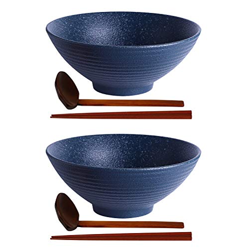 Kanwone Ceramic Japanese Ramen Bowl Set, Soup Bowls - 60 Ounce, With Matching Spoons And Chopsticks For Udon Soba Pho Asian Noodles, Set Of 2, Navy #TOP1