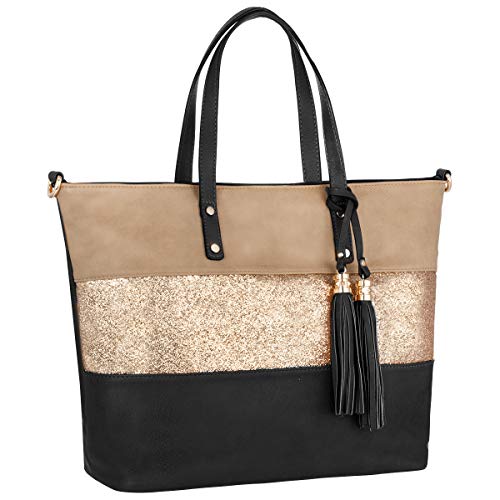 CRAZYCHIC - Sac à Main Paillette Femme - Cabas Fourre-Tout Cuir PU Souple - Sac Porté Epaule Bandoulière Patchwork Multicolore Grande Capacité - Ville Shopping Cours Travail Plage - Noir – vue 4