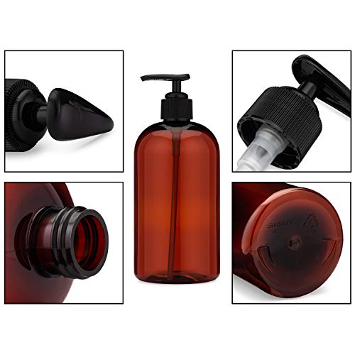 Baire Bottles 8 Oz Empty Refillable Plastic Bottles With Pump - Soap, Shower, Lotion, Massage Oil, Travel - 6 Pack, Waterproof Labels, Pet Bpa Free, Usa (Amber/Brown With Black Pumps, Damask Labels) #TOP5