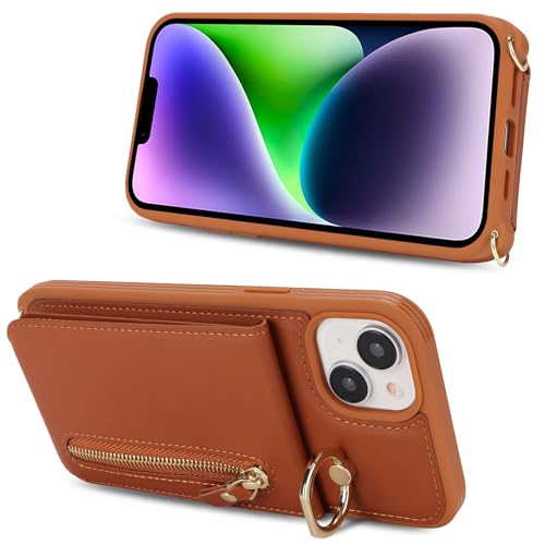 DEYHU for iPhone 14 Plus Case with Card Holder for Women, for iPhone 14 Plus Phone Case Wallet with Strap Credit Card Slots Crossbody with Kickstand Zipper Case - Brown by DEYHU - Image 7
