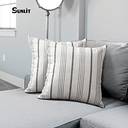 Sunlit Decorative Farmhouse Throw Pillow Case, Set Of 2 Cream/Off-White With Charcoal Stripes Modern Accent Square Pillow Cover, 20" X 20", Textured Linen Throw Pillow Case For Couch Chair Bedroom #TOP2