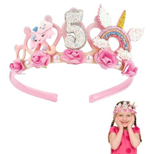 Muorruo Bandeau d'anniversaire pour le 5ème anniversaire, fleur, couronne d'anniversaire, décoration d'anniversaire, bandeau rose, douce princesse de 5 ans, diadème, décorations de fête