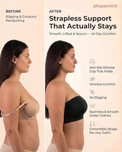 Image of SHAPERMINT Strapless Bra, Wireless Non-Slip Bandeau, Convertible Straps, Molded Strapless Bras for Women S to Large Breasts