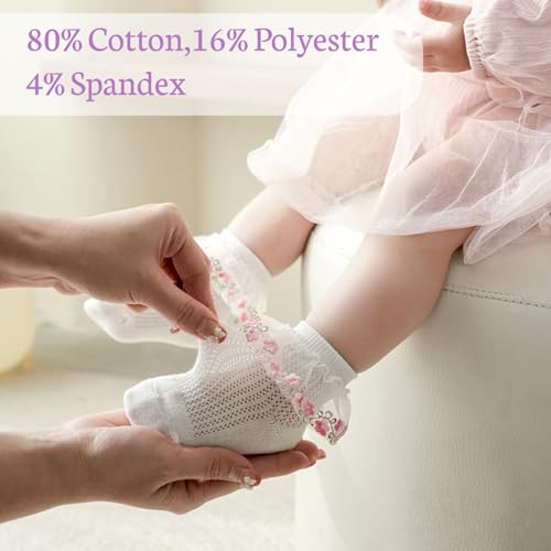 Toddler Girls Ruffle Socks Baby Set Embroidered Flowers Infant White Thin Socks 3 Pair Pack2