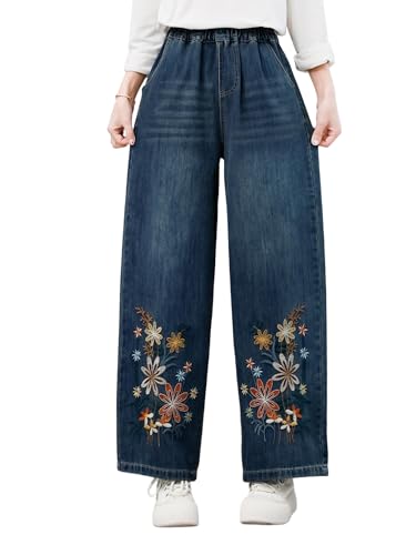 Women's Mid-Rise Waist High Stretch Bootcut Jeans Embroidery Denim Pants with Pockets