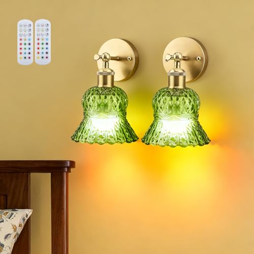 Aplique de pared interior con batería de 2, lámpara de pared dorada vintage regulable con control remoto e interruptor - Lámpara de noche de estilo industrial con pantalla de vidrio verde, ajustable