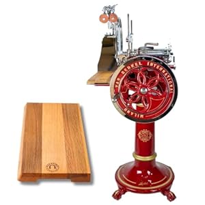 Berkel Aufschnittmaschine – Volano L16 rot – Wunderschöne Schwungradmaschine mit Standfuß + 100% handgefertigtem Schneidebrett Unikat