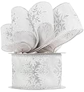 MEEDEE Silver Snowflake Ribbon White Ribbon with Silver Glitter Snowflake Ribbon 2.5 Inch Christm...