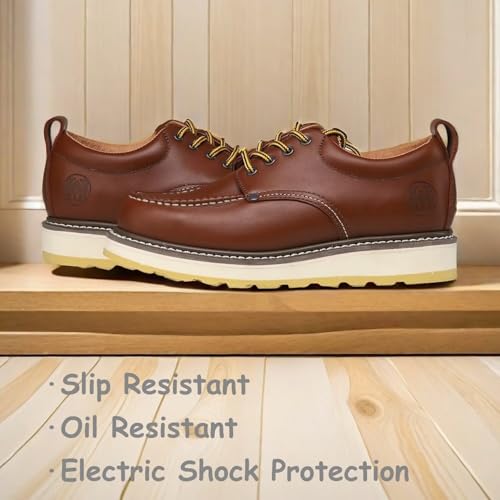 Image of Brown Men's Leather Work Boots - 4 /6 /8 Inch Composite & Soft Toe, Slip Resistant, Oil Resistant, Electrical Hazard, Mark Toe Construction Footwear