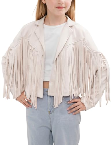 Noomelfish Veste cuir franges pour filles Beige/Blanc 13-14 ans