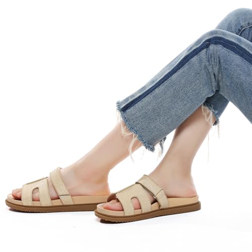 ZEENXIUYA Women's Slide Sandals with Comfort Arch Support, Adjustable Velcro Summer Beach Slides, Lightweight Slip on H-Strap Leather Open Toe Wide Flat Sandal - image 7