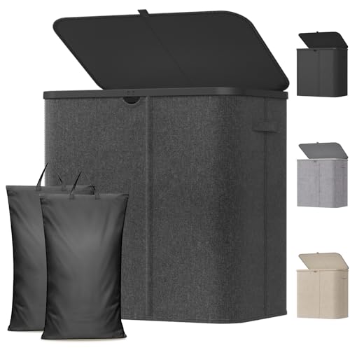 Lifewit 2 Fächer Wäschekorb mit Deckel, 145L Wäschesammler mit Kunststoffrahmen, faltbarer großer Wäschesortierer, Wäschebox Laundry Baskets für Schlafzimmer, Bad, Dunkelgrau