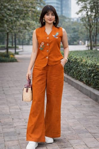 Image of Lyssa Yellow Ember Embroidered Co-Ord Set for Women, Sleeveless Vest with Wide-Leg Trousers