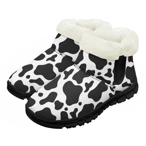 Suhoaziia Black Cow Print Kids Girls Boys Winter Warm Boots Plush Fur Snow Boots Cold Weather Walking Casual Winter Shoes Insulated Sneakers for Little Kids Fall Fashion Outfits