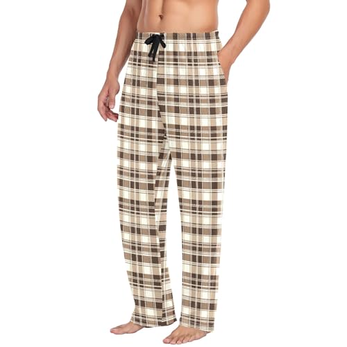 Mens Cotton Pajama Pants Sleep Lounge Pj Bottoms Sleepwear with Pockets Drawstring S Brown Beige4