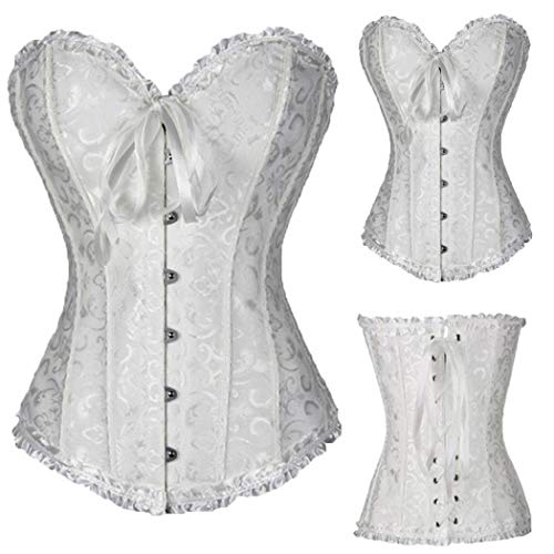 LLFS Damen Corsage Vintage Vollbrust Korsett Klassische Farben Spitze Schleife Design Corset Mit G-Tanga (Weiß,Xs) Cover