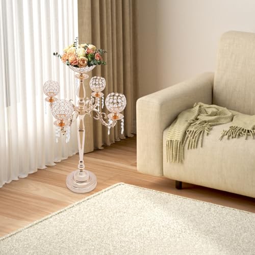 4 Arm Crystal Candelabra with 1 Arm Vase Flower Stand, 35In Tall Candle Holders for Candlesticks Floral, Gold Vase Candelabra Centerpiece Decorations Wedding Party Dinner Halloween Christmas