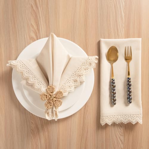 Image of FINGERCRAFT Table Cloth Napkins, Set of 6, 20x20 Inch Cotton Linen Napkins with Ivory Trim Lace Edge, Reusable Washable Dinner Napkins for Wedding, Festive Dining, Farmhouse Parties & Home Decor