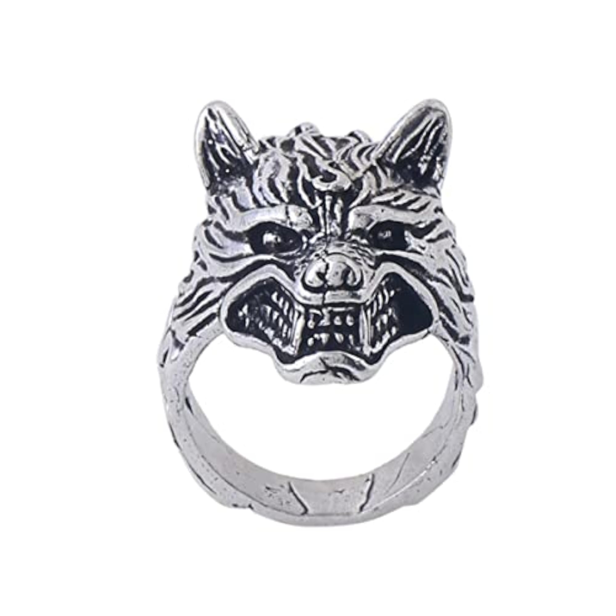 Rhodium Plated Wolf Design Finger Ring for Men