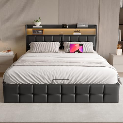 MOTUZP Cama doble tapizada de 140 x 200 cm, cama doble LED con espacio de almacenamiento, cama tapizada con cabecero y somier, cama funcional juvenil, sin colchón
