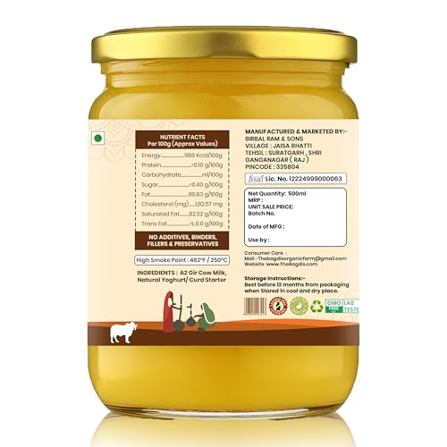 Image of The Bagdis Organic A2 Gir Cow Cultured Ghee | Vedic Bilona Method | Grass-Fed | 100% Pure & Natural Ghee Glass Bottle (500ml) | Glyphosate Free