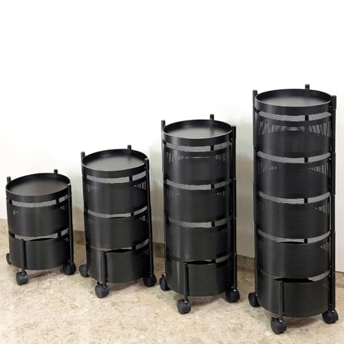 Image of MARKWELL Round Rotatable Kitchen Trolley with Wheels | Vegetable Fruit Onion Storage Rack | Multipurpose Metal Kitchen Organizer Stand | Matt Black (Round - 4 Layer)