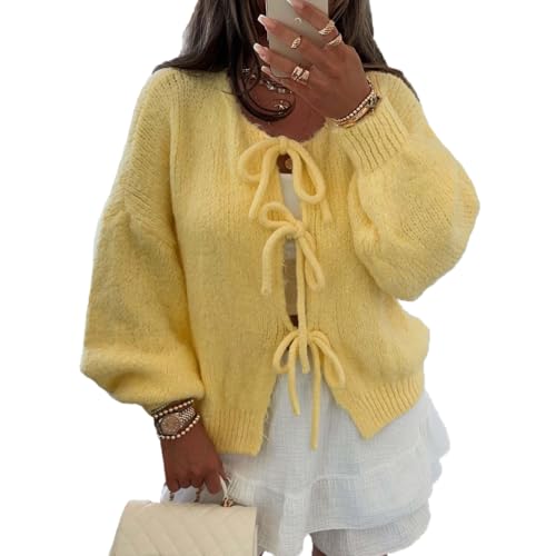Image of Women Casual Bow Tie Front Cardigan Sweater Solid Crew Neck Long Sleeve Self Tie Open Front Knit Sweater Top Fall