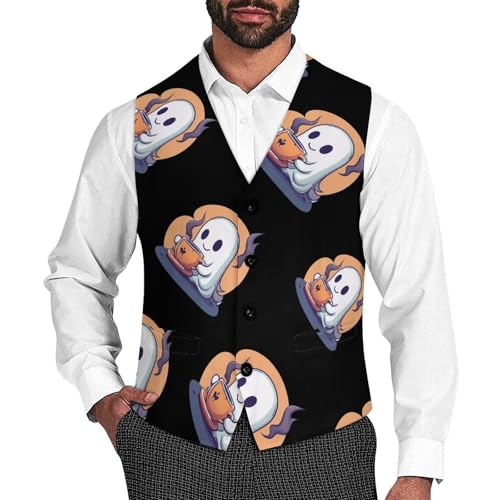 Halloween Ghost Coffee Mens Slim Fit Suit Vest Dress Waistcoat Casual Business Vest