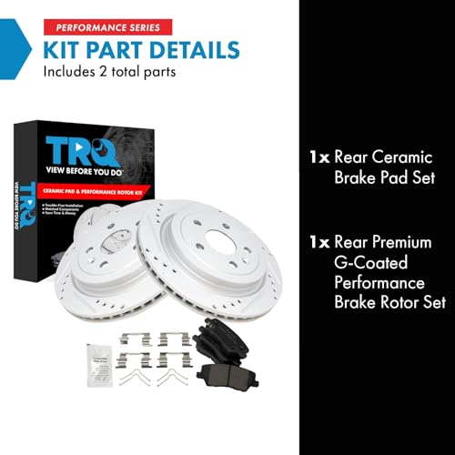 Image of TRQ Performance Rear Ceramic Brake Pad and Rotor Set Coated Drilled Slotted Compatible with 14 Cadillac CTS Base Model Sedan, 15 Cadillac CTS Base Model, 16-18 Vsport