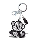 Aqua79 Monkey Keychain - Black Sparkling Rhinestones Charm with Tassel, Fashionable Stylish Polyester PU Wild Life Key Ring Bling Jewelry Accessory with Clasp
