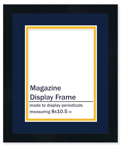 8x10.5 Frame for Sports Illustrated Magazine (Black) | Acid Free Midnight Blue Navy on Yellow Double Photo Mat | UV Resistant Picture Frame Acrylic | Conservation Backing Board | Hanging Hardware