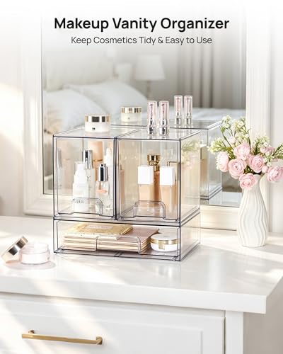 Image of Vtopmart Stackable Storage Drawers Set of 3, Clear Plastic Organizer Bins for Bathroom Supplies, Ideal for Cabinet,Shelf, Pantry, Laundry Room Organization