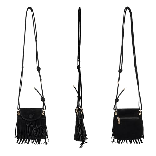 Image of Women Leather Fringe Messenger Bag Mini Hobo Crossbody Tassel Shoulder Bags