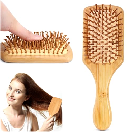 Lot de 2 brosses à cheveux en bambou naturel pour femme, brosse démêlante pour massage/cheveux secs/bouclés, épais, fins, raides (grand carré)