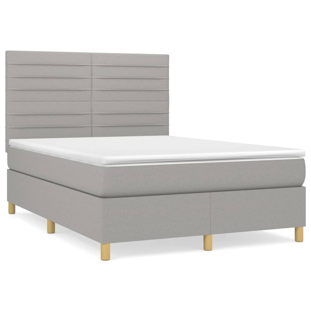 Cama con somier, gris claro, 140 x 200 cm, funda de tela, con colchón de muelles ensacados, cabecero regulable en altura, cómoda superficie de descanso para dormitorio