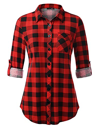 DJT Damen Bluse Weich Gestrickt Stretch Knopfleiste Langarm Hemdbluse Casual V-Ausschnitt Button Down Shirts Oberteil Schwarz Rot M
