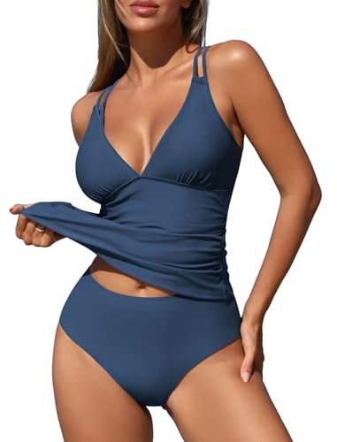 Image of ZAFUL Womens Tankini Swimsuits V Neck Push Up Swim Top Color Block Tummy Control High Waisted Bathing Suits Swim Bottom