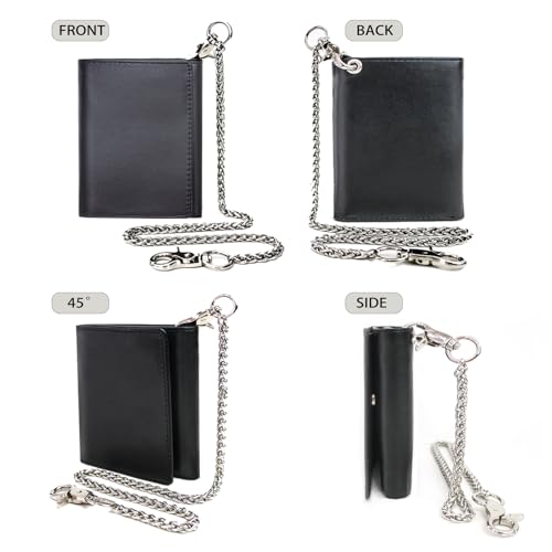 Image of boshiho Genuine Leather Bifold Chain Wallet for Men RFID Blocking | Heavy Duty Steel Anti-Theft Chain & 2 Zipper Coin Purse. Perfect for Bikers, Daily Commute, Gift for Dad /Husband