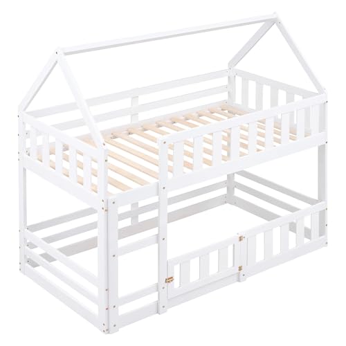Merax House Bunk Bed Twin Over Twin, Modern Wood Floor Bunk Bed with Fence and Door, for Boys Girls Teens, White by Merax - Used condition - Image 6