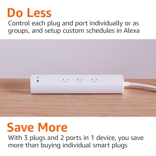 Amazon Basics Smart Plug Power Strip with 3 Individually Controlled Outlets, 2 USB Ports (1 USB-A and 1 USB-C), Works with Alexa Only, 2.4 GHz Wi-Fi, No Hub Required, White