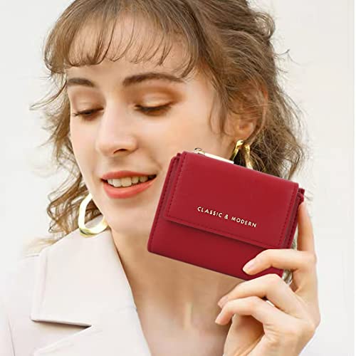 Sunwel Fashion Small Wallet Flapover Bifold Wallet Zipper Pocket Cash Card ID Window Coin Purse for Women Girls (RED)2