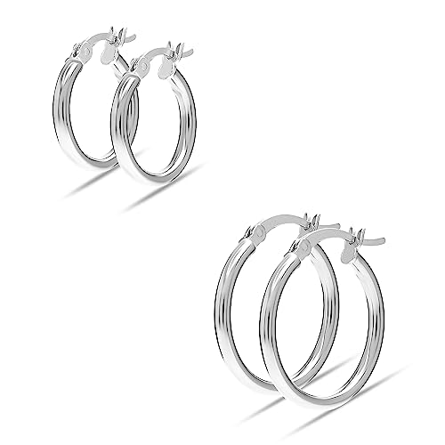 Set of 2 Pair 925 Sterling Silver Hoop Earrings for Women | Bali Double Hoop Earrings Set | Classic Textured Diamond-Cut Click-Top Hoops Earring Gifts for Her2